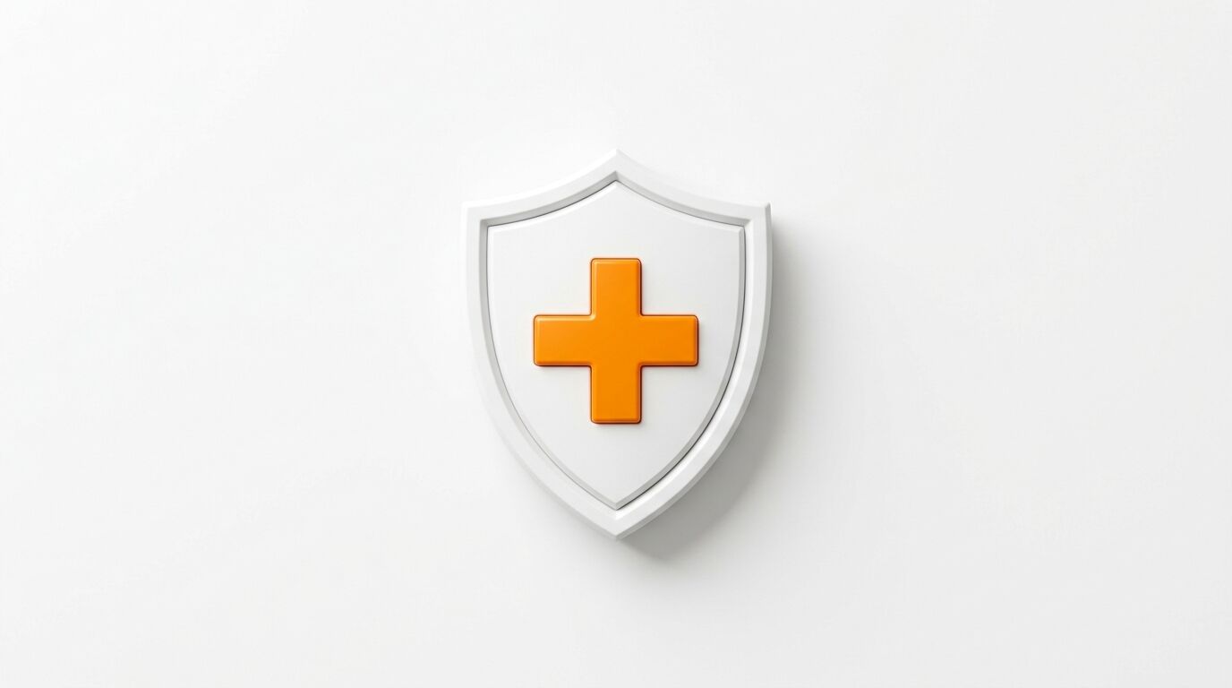 Weiße, wappenartige Schutzschild-Plastik mit orangefarbenem Kreuz auf weißem Hintergrund