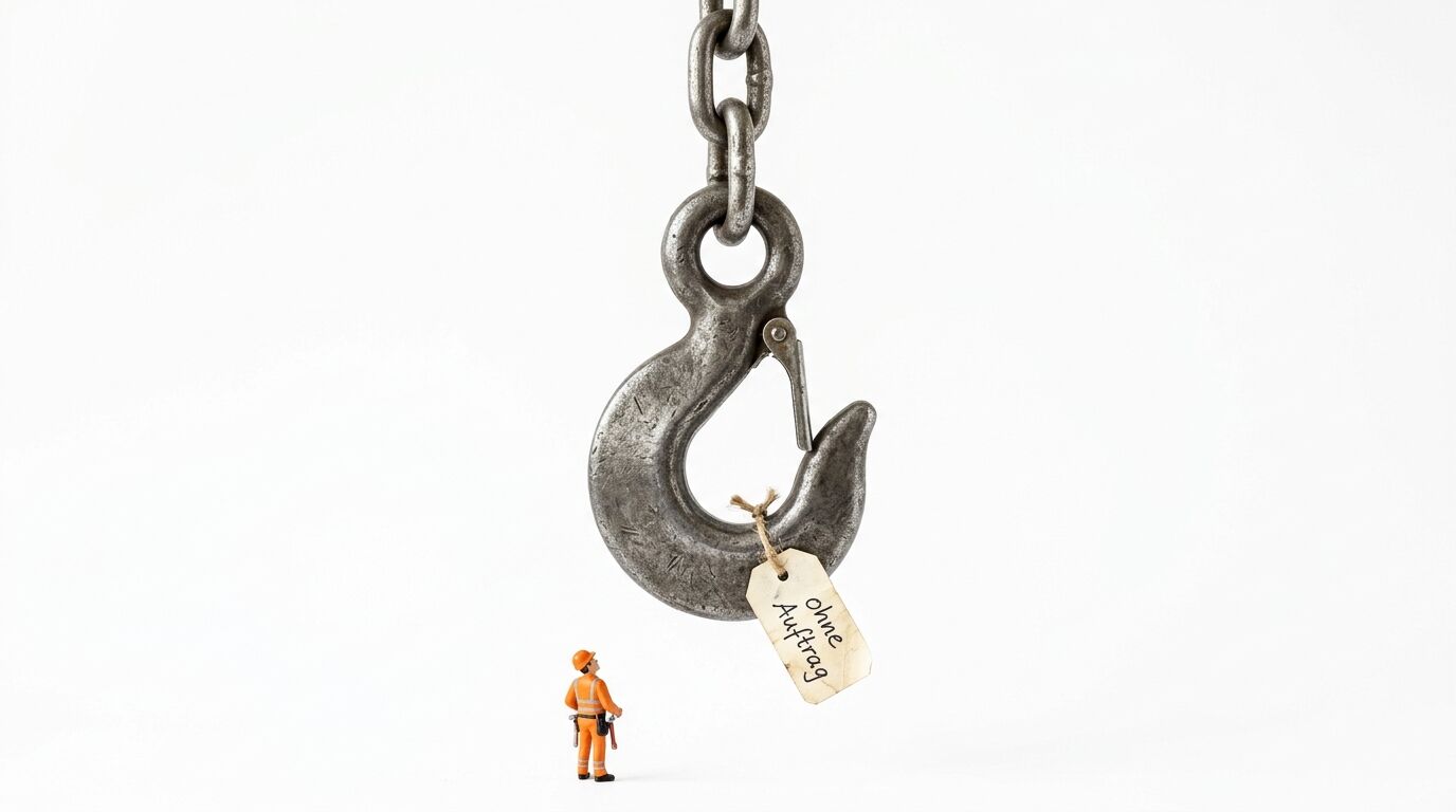 Großer Kranhaken mit Schild „ohne Auftrag“ und kleiner Bauarbeiterfigur auf Weiß