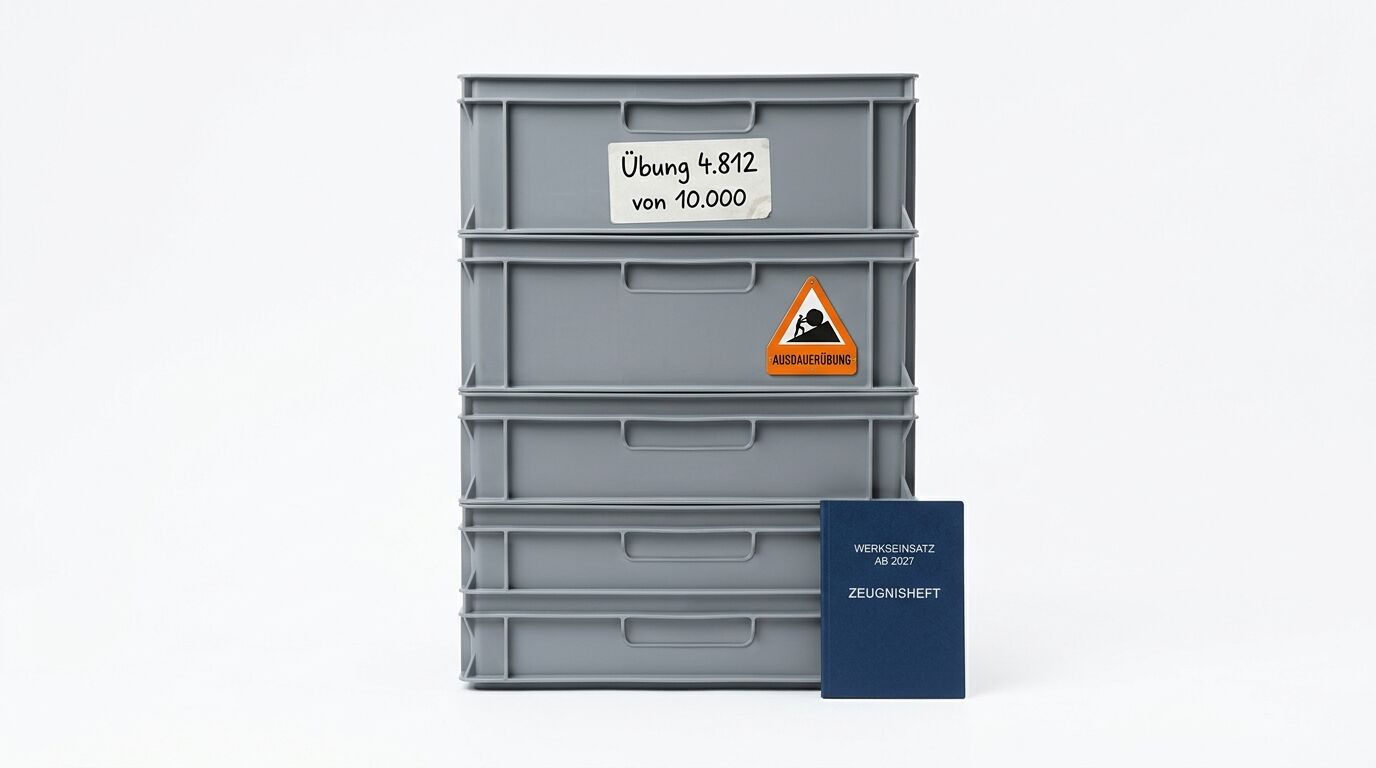 Graue Kisten, Zettel „Übung 4.812“, Schild „Ausdauerübung“, blaues Zeugnisheft