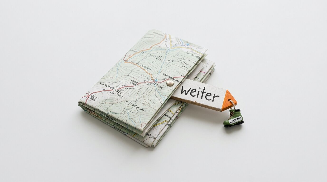 Gefaltete Schwarzwaldkarte mit Pfeil „weiter“ und kleinem Wanderschuh-Anhänger auf Weiß