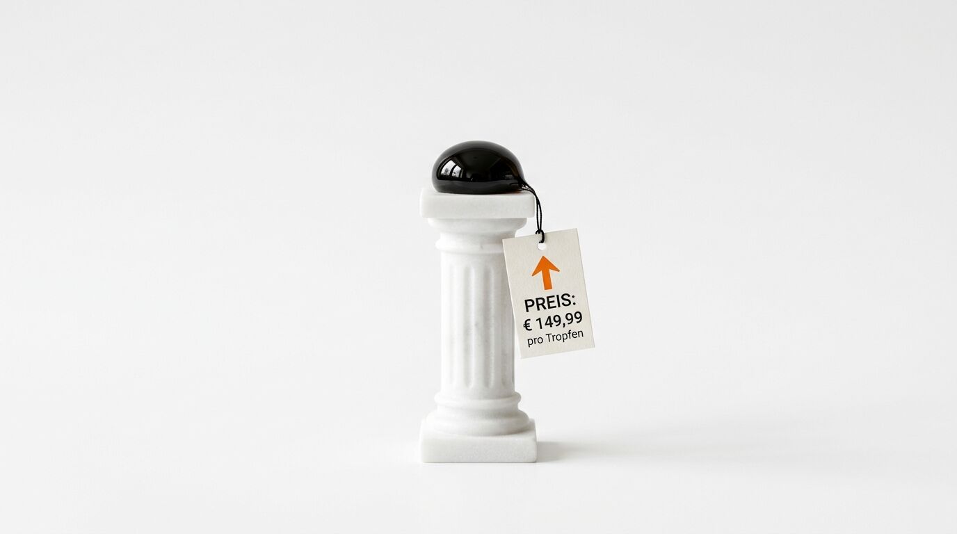 Öltropfen auf Säule mit Preisschild von € 149,99 pro Tropfen und steigendem Pfeil