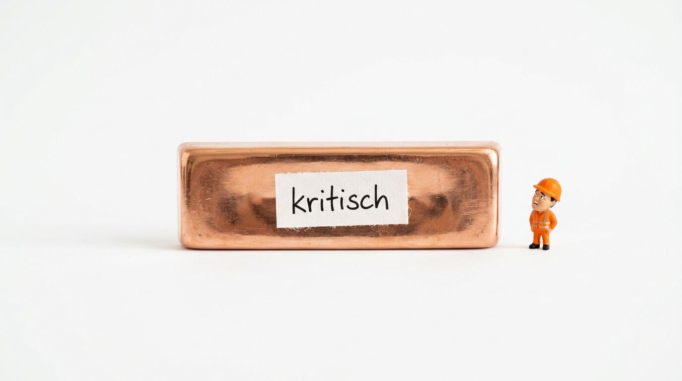 Kupferbarren mit Schild „kritisch“ und kleiner Bauarbeiterfigur auf weißem Grund