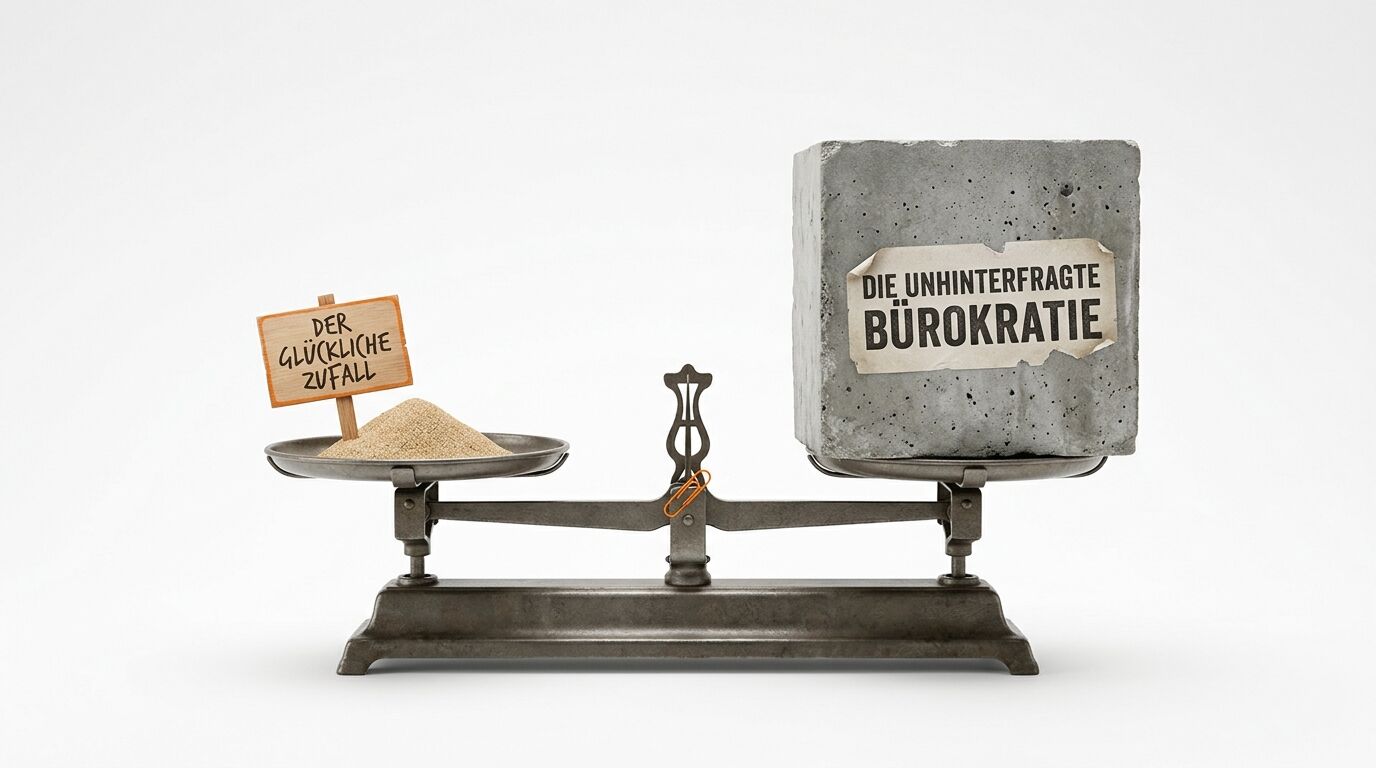 Wage: links Sandhaufen mit „Zufall“-Schild, rechts schwerer Betonblock mit „Bürokratie“-Zettel