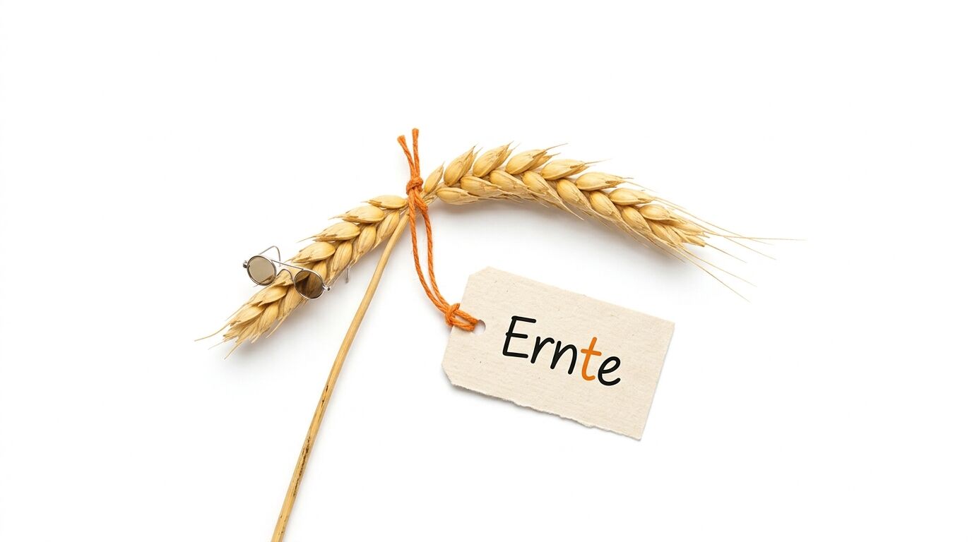 Ähre mit Brille und Anhänger „Ernte“ auf Weiß