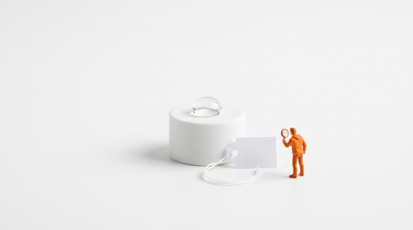 Miniaturfigur mit Lupe betitelt ein weißes Objekt mit Wassertropfen