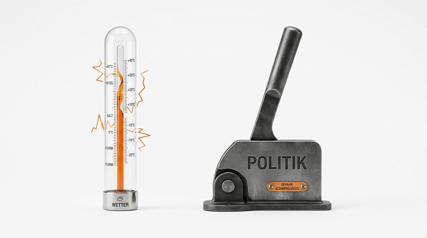 Ein Thermometer mit der Aufschrift „Wetter“ und ein Hebel mit der Aufschrift „Politik“ auf Weiß