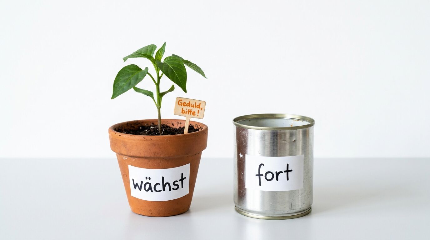 Pflanze in Tontopf mit Schild „wächst“ und Blechdose mit Schild „fort“ auf weißer Fläche