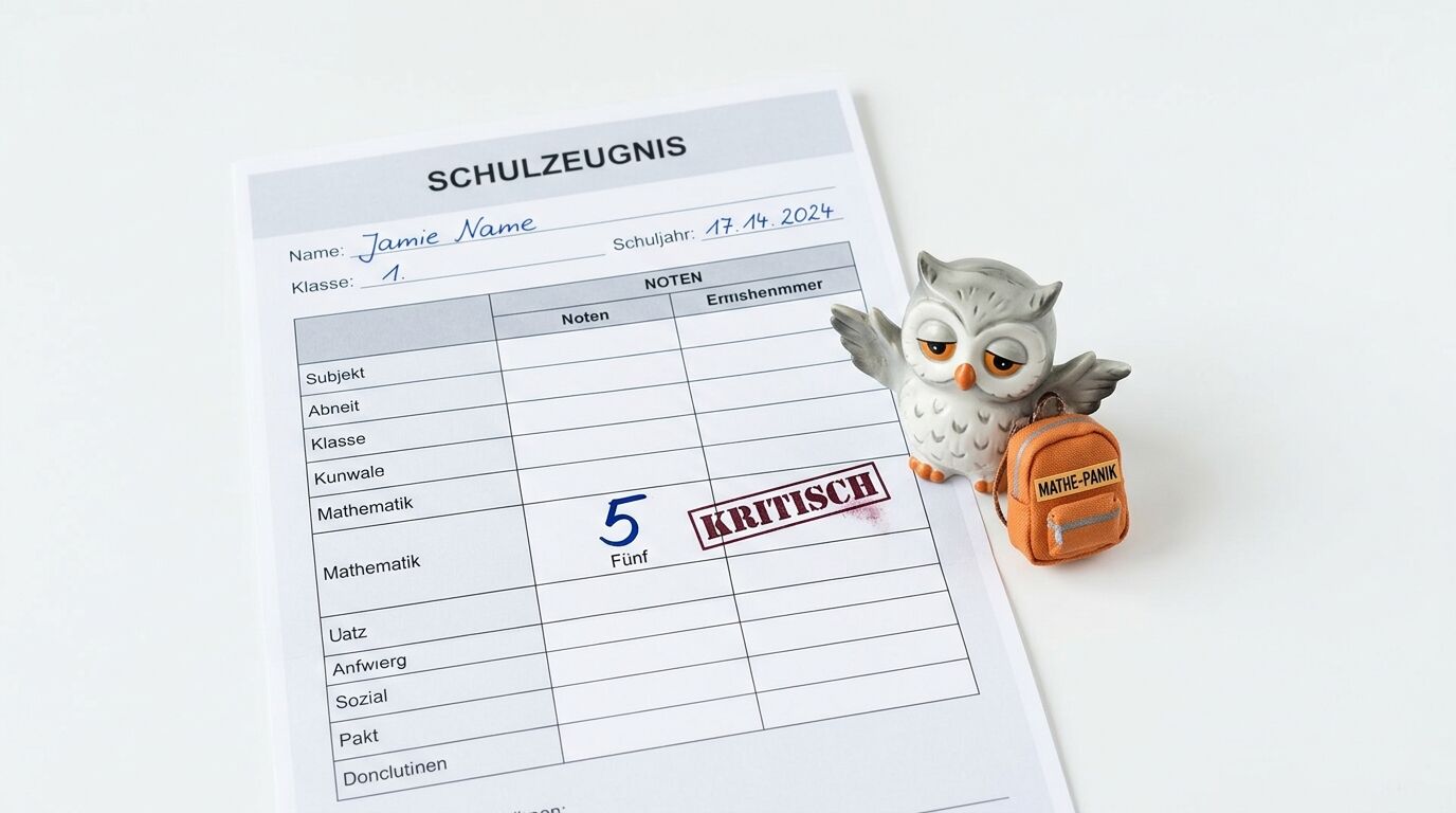 Schulzeugnis mit einer 5 in Mathematik und einer Eulenfigur mit einem Rucksack
