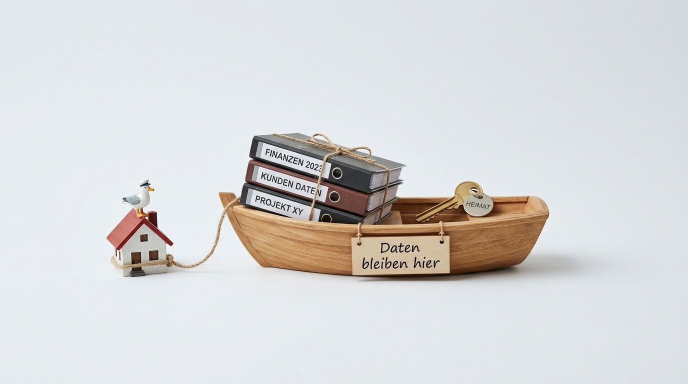 Boot mit Aktenordnern und Schlüssel wird von einem kleinen Haus gezogen