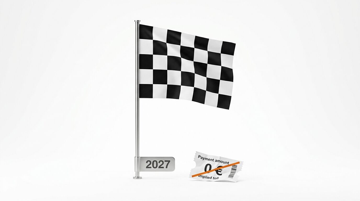 Zielflagge an Stange mit Jahr „2027“ und durchgestrichener Mautquittung über 0 €