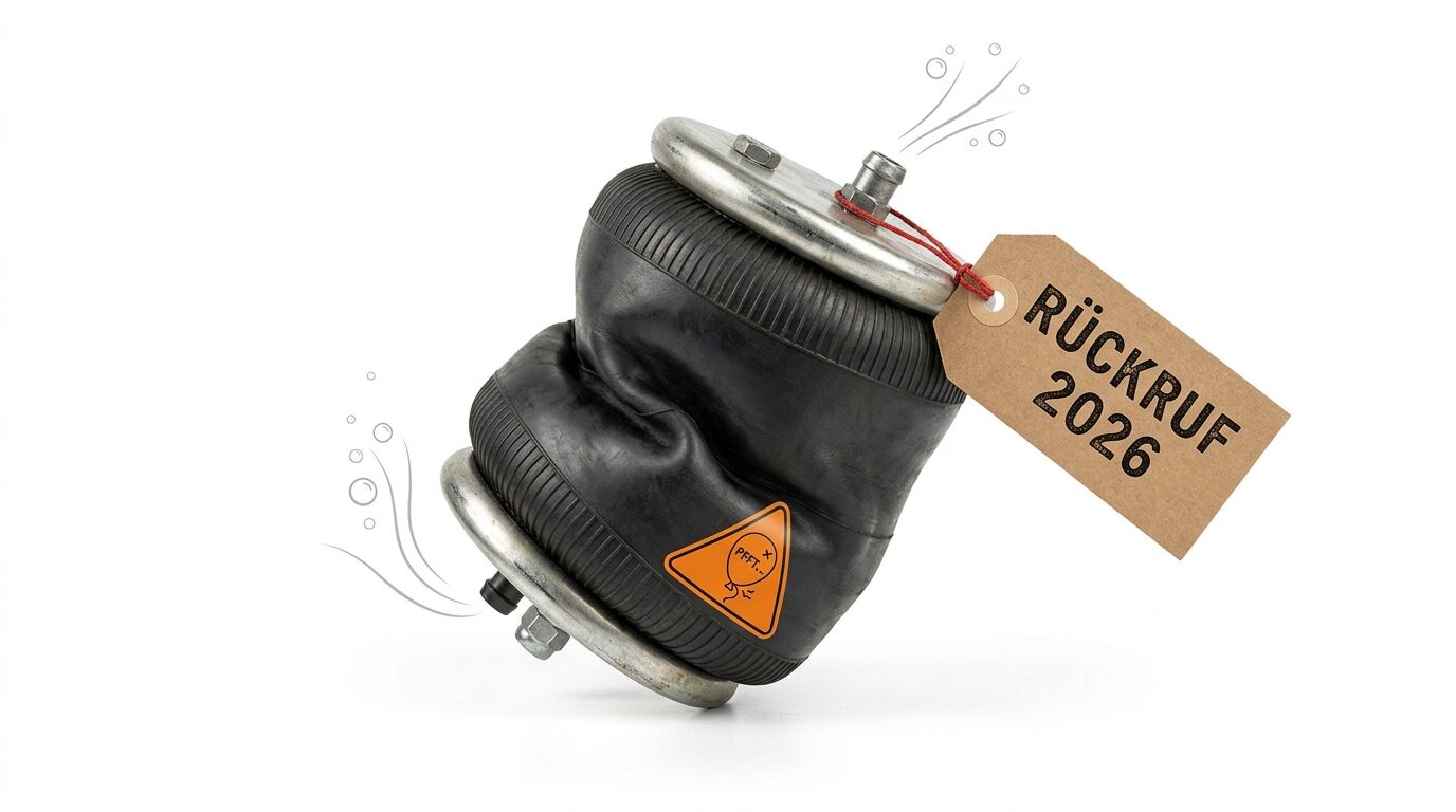 Defekter Luftfederbalg mit Warnsymbol und Anhänger „RÜCKRUF 2026“, Luft strömt aus