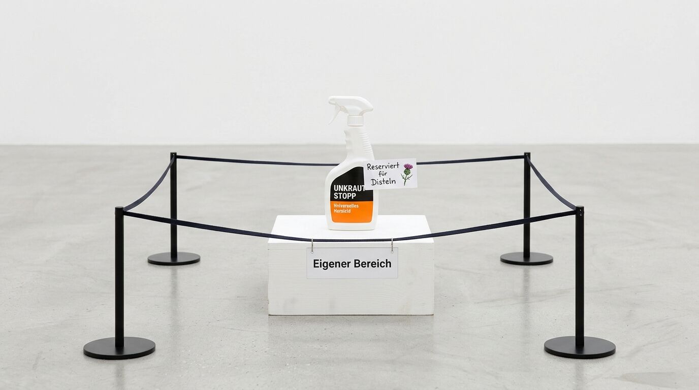 Sprayflasche auf Sockel in Kordelabsperrung mit Schild