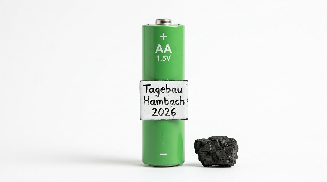 Grüne AA-Batterie mit handgeschriebenem Schild und Stück Braunkohle daneben auf weißem Grund