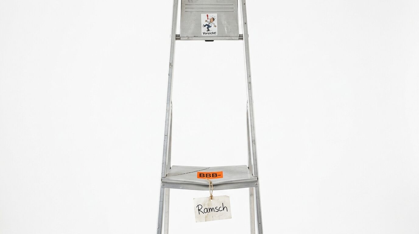 Leiter mit Warnung und „Ramsch“-Schild