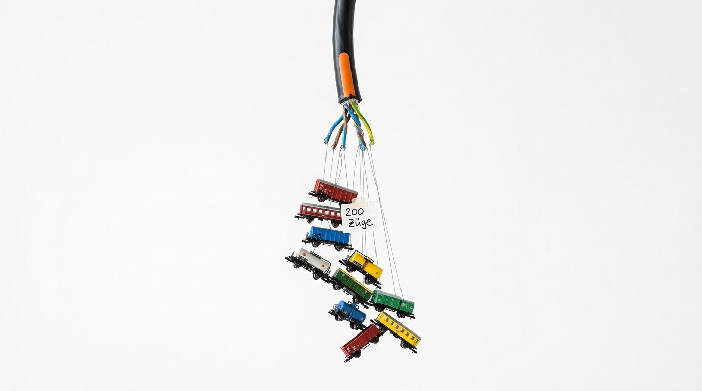 An einem offenen Kabel hängen verschiedene Modelleisenbahnwaggons mit einem Zettel