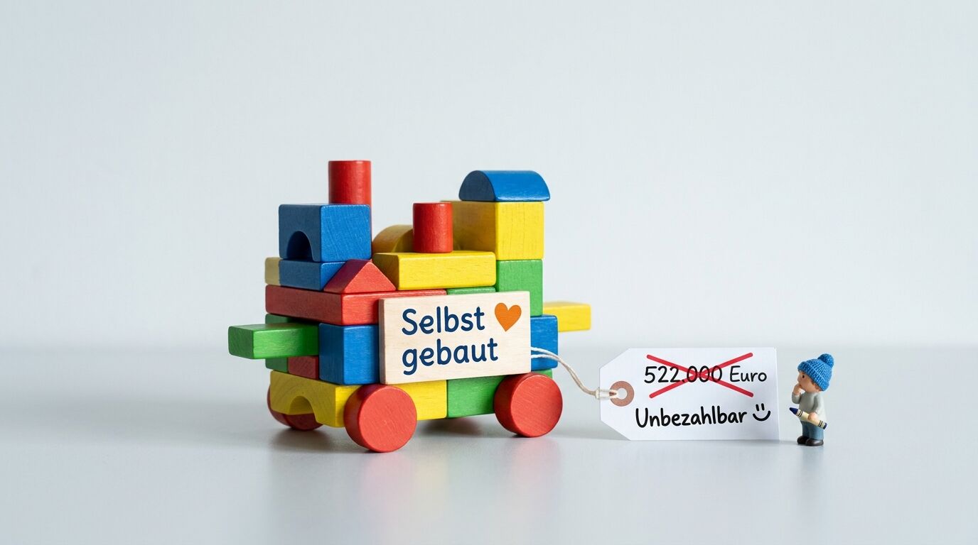 Holzzug „Selbst gebaut“, daneben Preisetikett „Unbezahlbar“ und eine kleine Figur
