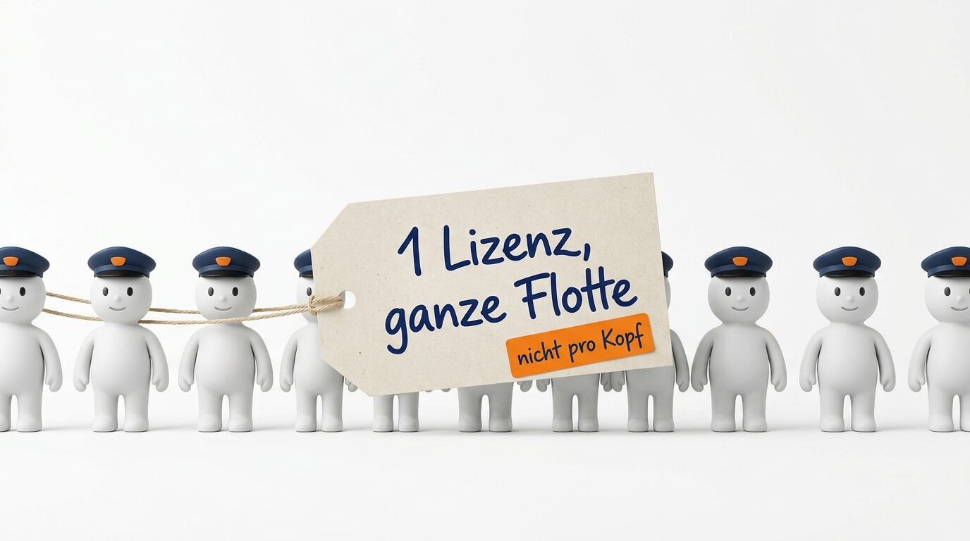 Reihe weißer Figuren mit Mützen und Schild „1 Lizenz, ganze Flotte, nicht pro Kopf“