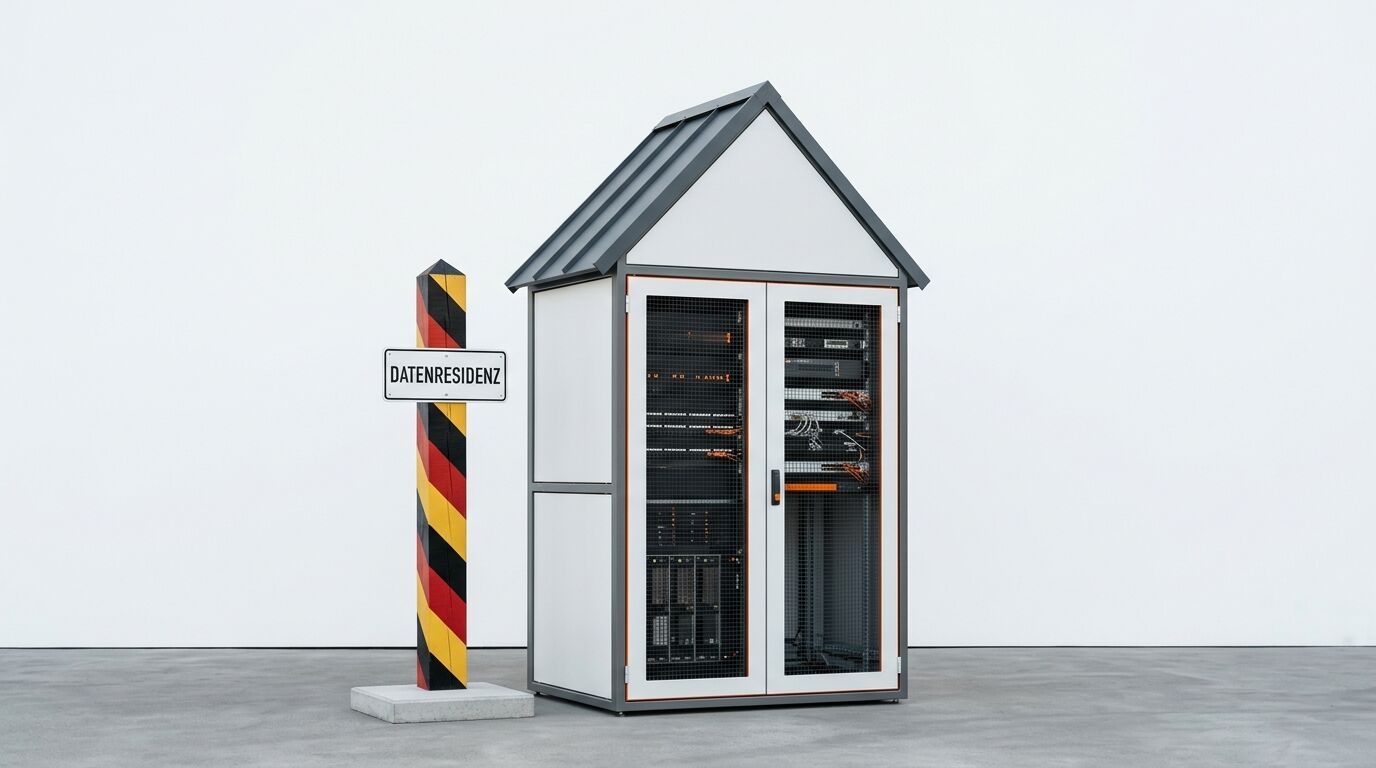 Server-Gehäuse in Hausform neben deutschem Grenzpfahl mit Schild 