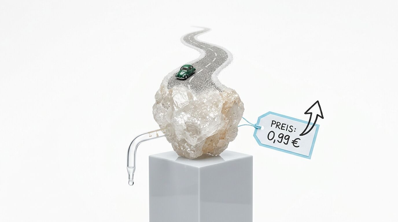 Steinsalzklumpen mit darauf fahrendem Modellauto, Pipette und Preisschild auf grauem Podest