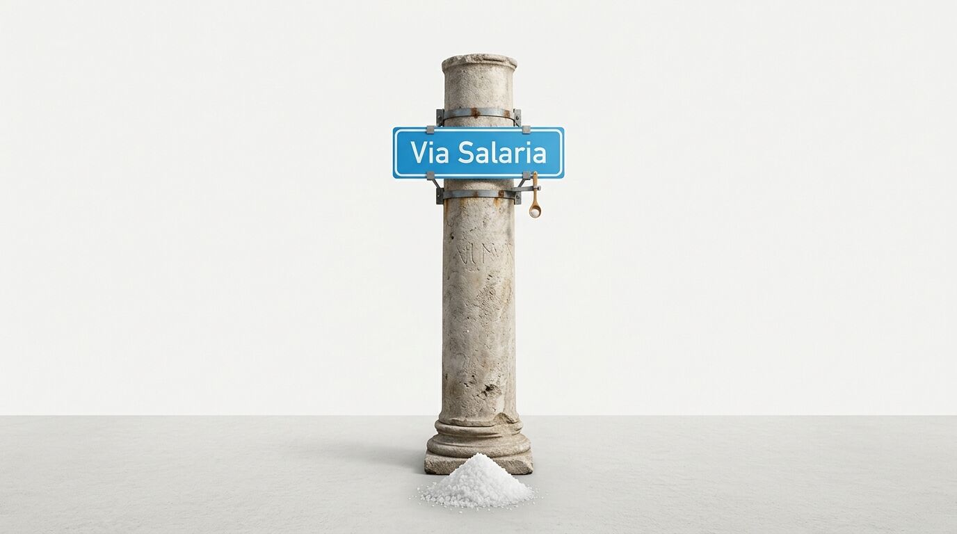 Steinsäule mit Schild „Via Salaria“, Salzhaufen davor und Löffel daran