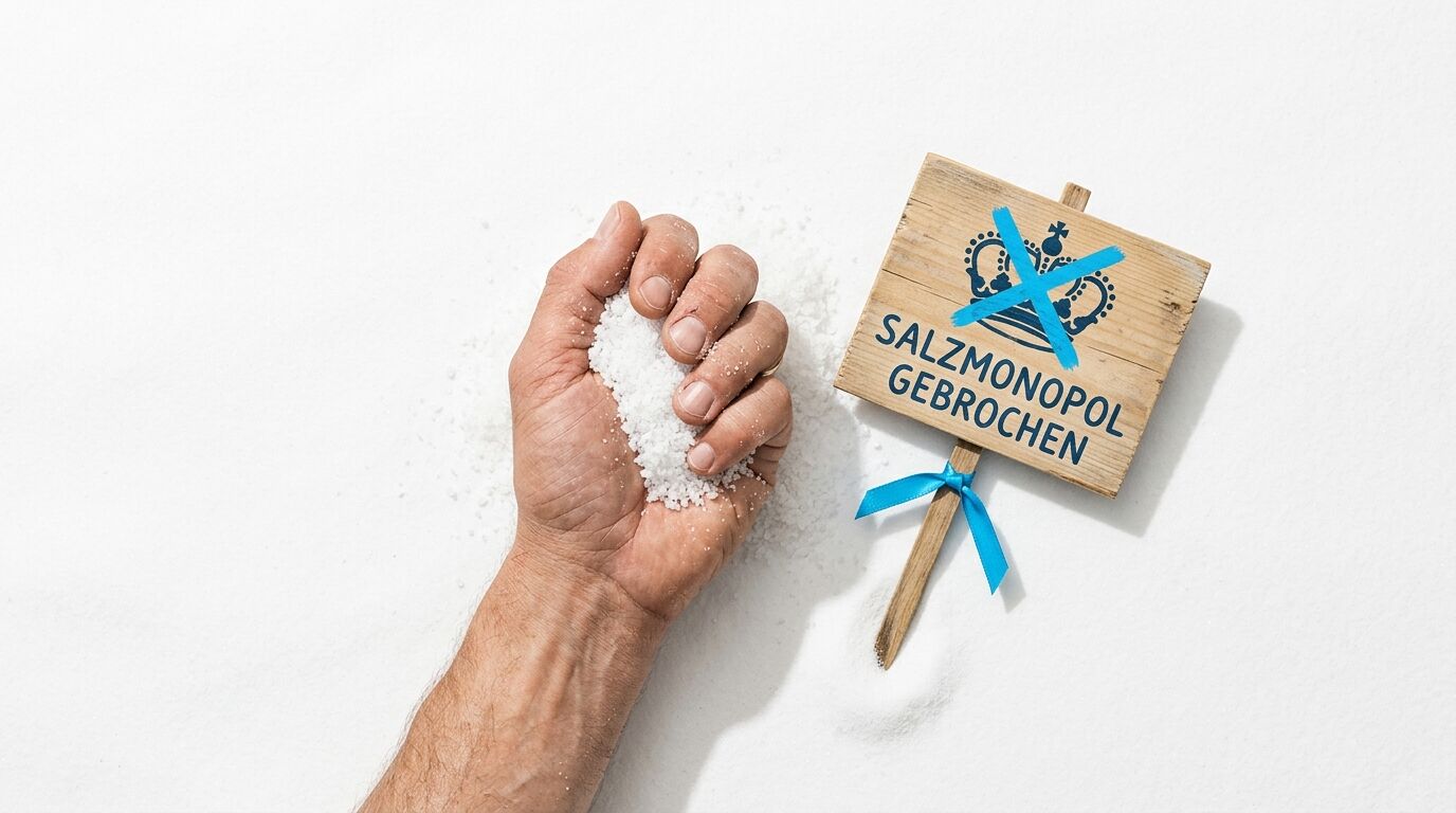 Hand hält Salz, Holzschild mit durchgestrichener Krone und Text „SALZMONOPOL GEBROCHEN“
