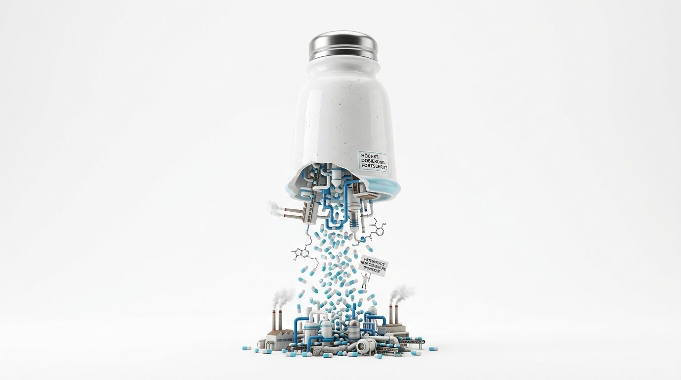 Eine stilisierte Medikamentenflasche mit einer Fabrik, die Kapseln ausstößt