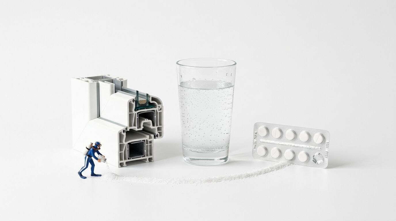 Taucherfigur streut Pulver neben Fensterprofil, Wasserglas und Blisterpackung auf weißem Grund