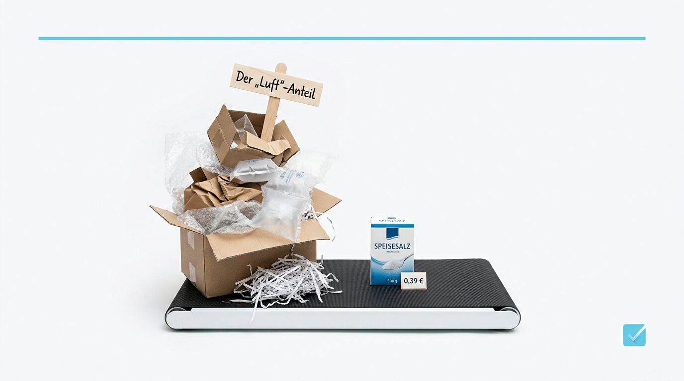 Eine Waage mit Karton und Füllmaterial neben einer Salzpackung mit Preisschild