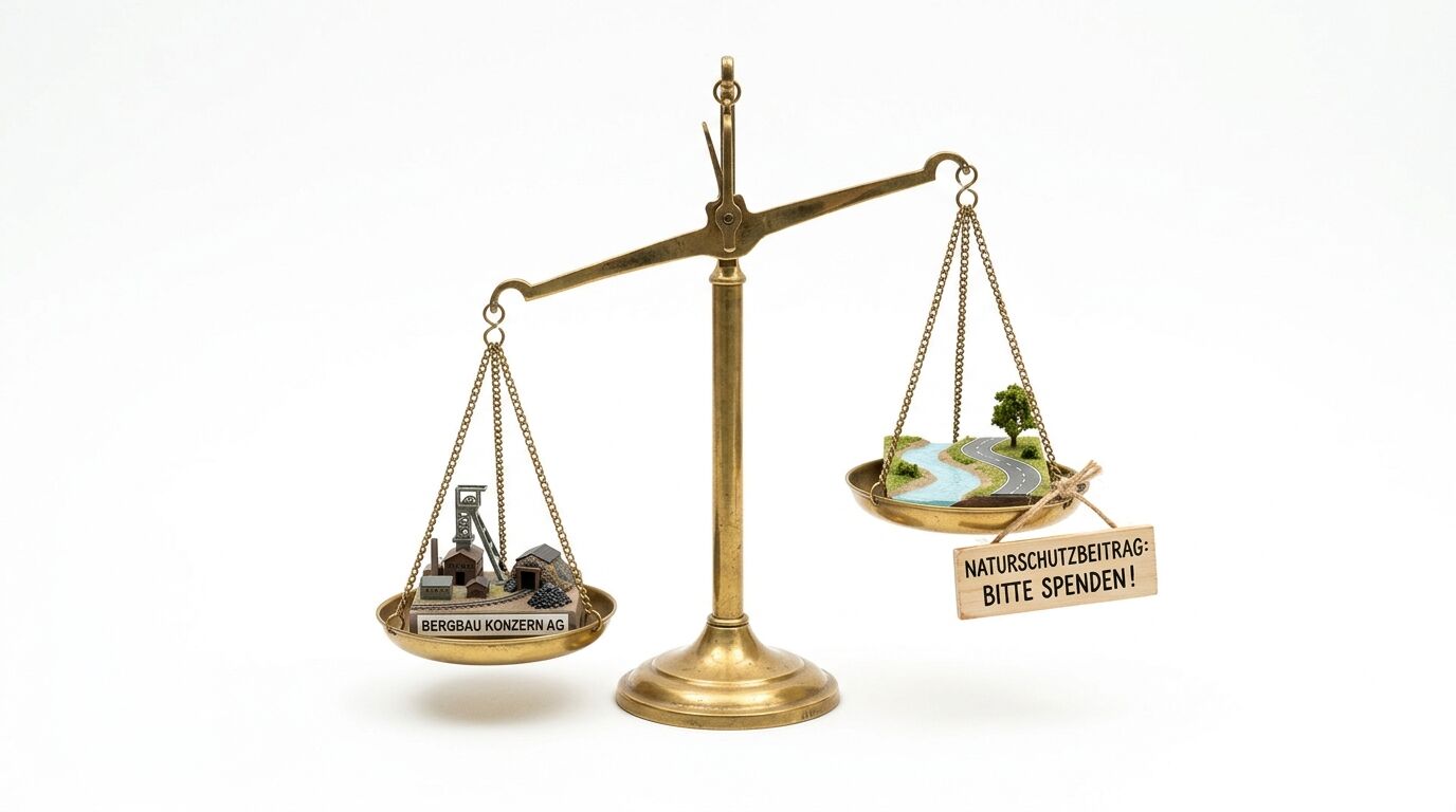 Waage mit Bergbau und Natur auf Schalen, Bergbau überwiegt. Schild bittet um Naturschutzspenden
