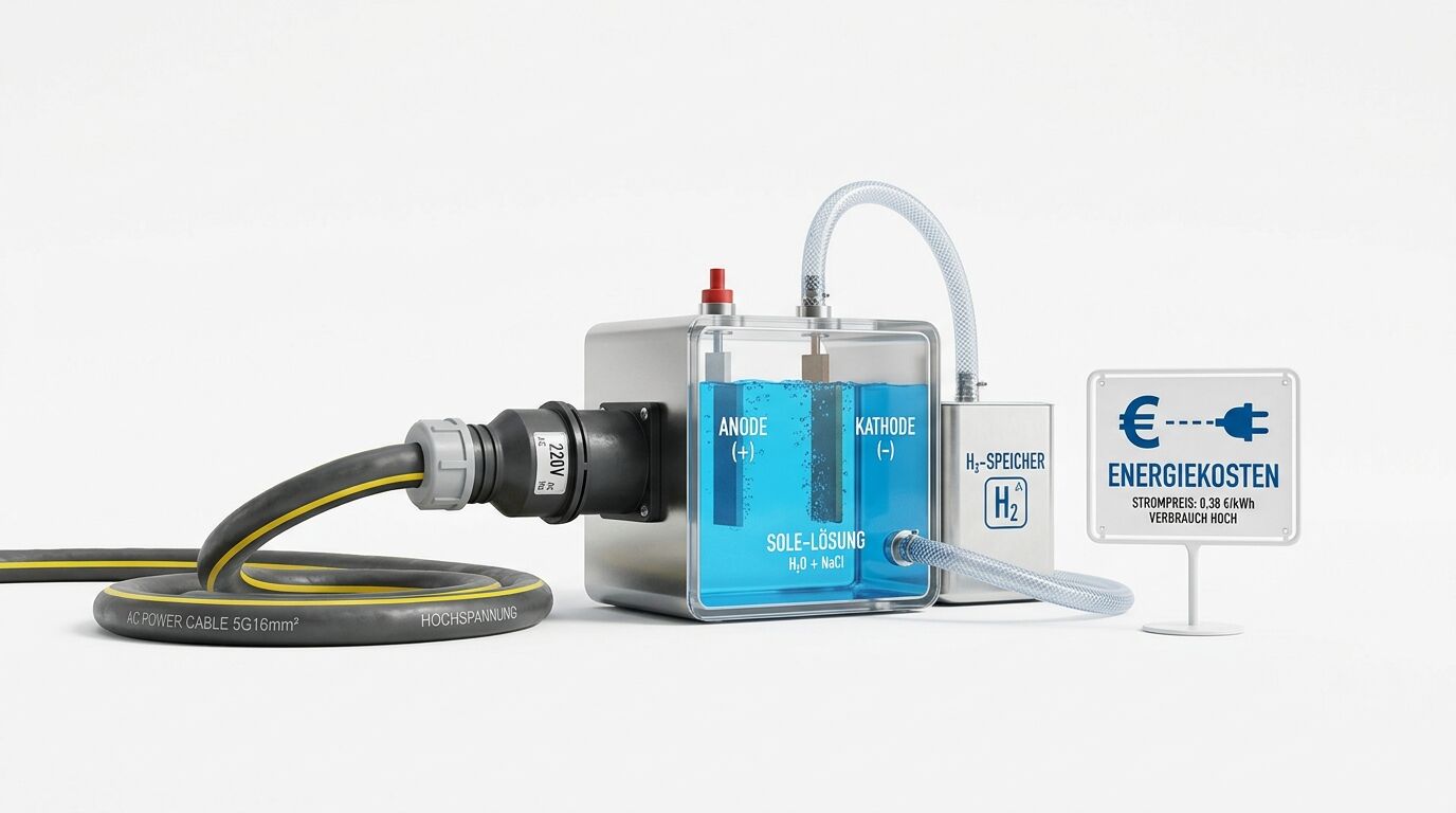 Versuchsaufbau zur Chloralkali-Elektrolyse mit Wasserstoffspeicher und Kostentafel