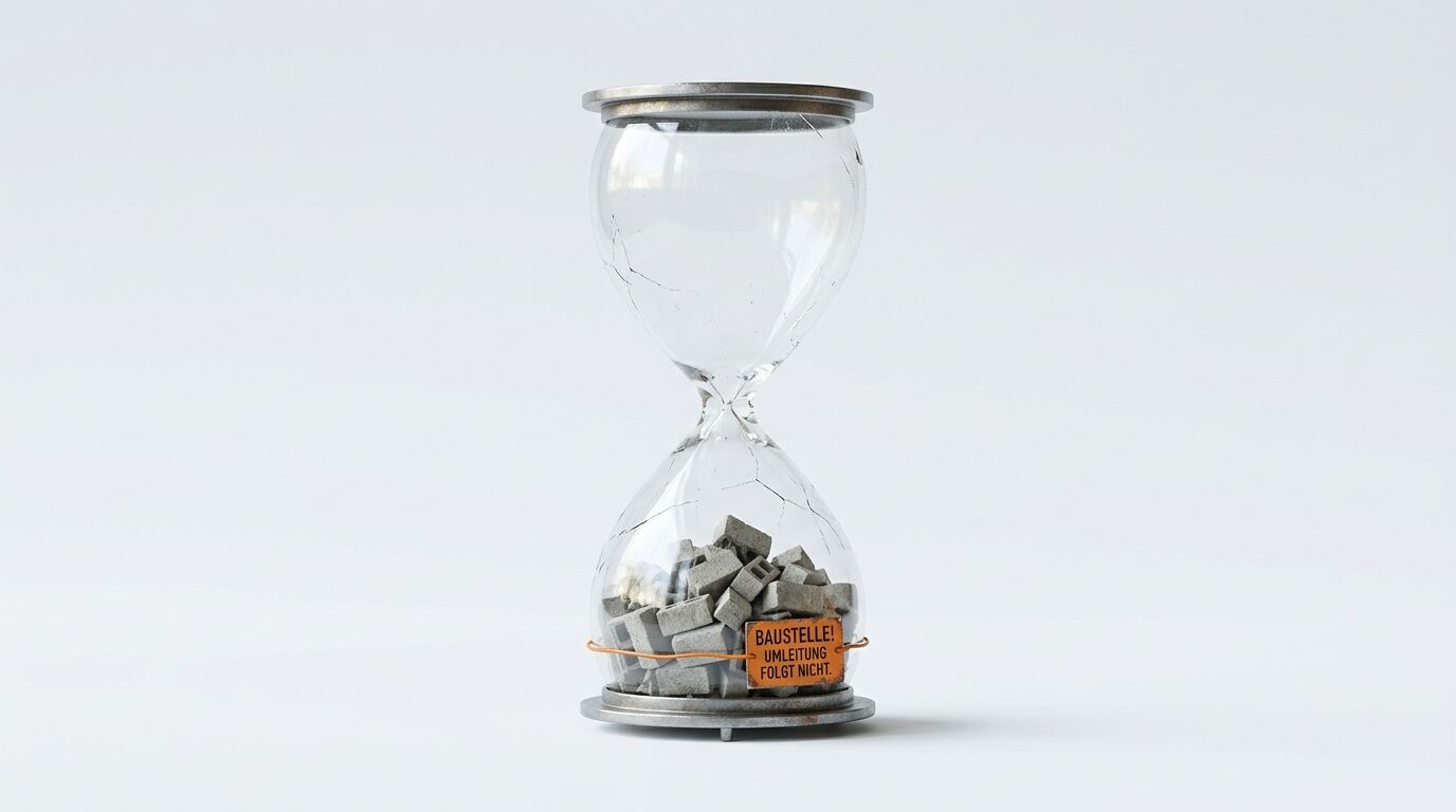 Eine Sanduhr mit Betonsteinen und einem Hinweisschild