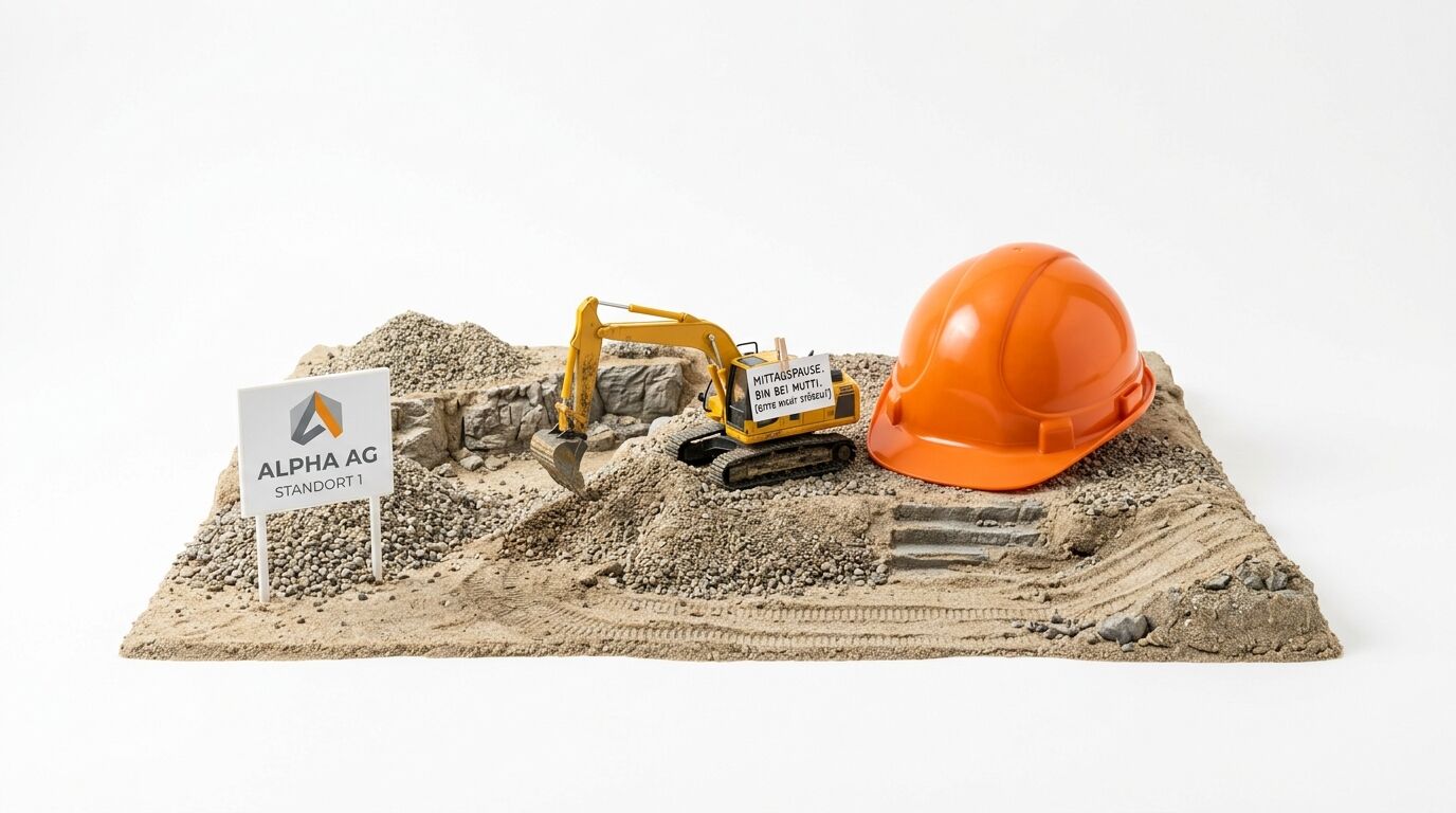 Miniaturbaustelle mit Bagger, Baustellenschild und einem Helm in Originalgröße auf Sand und Kies