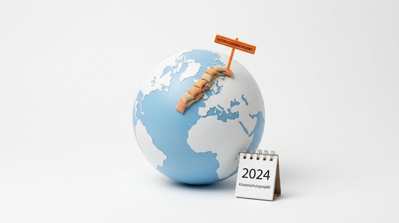 Globus mit Sandsäcken und Schild, daneben Kalender 2024 zum Küstenschutz