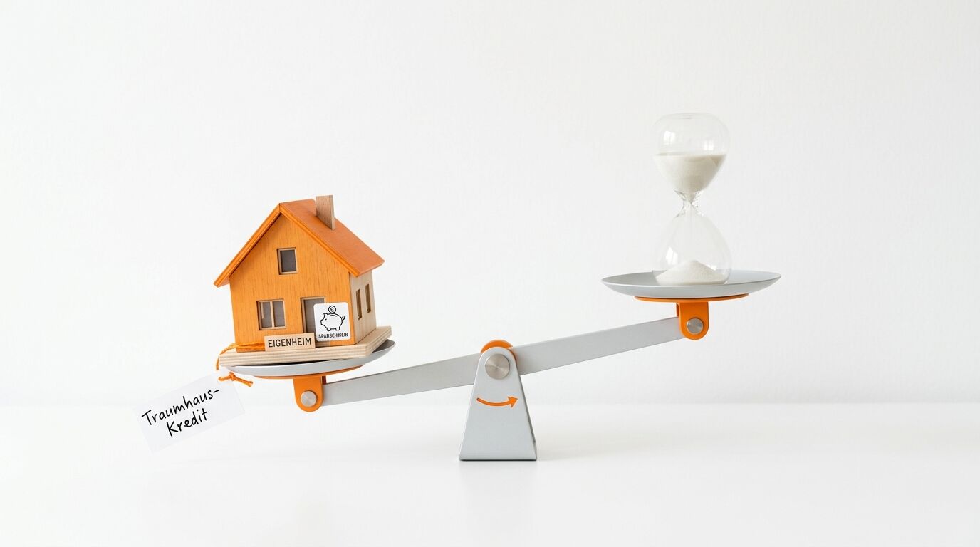 Eine Waage vergleicht ein Modellhaus mit Beschriftung mit einer Sanduhr