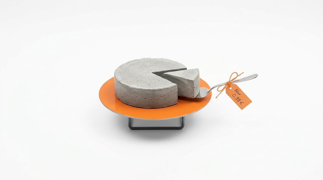 Betonkuchen auf orangefarbenem Ständer, Heber mit Preisschild 0,99€