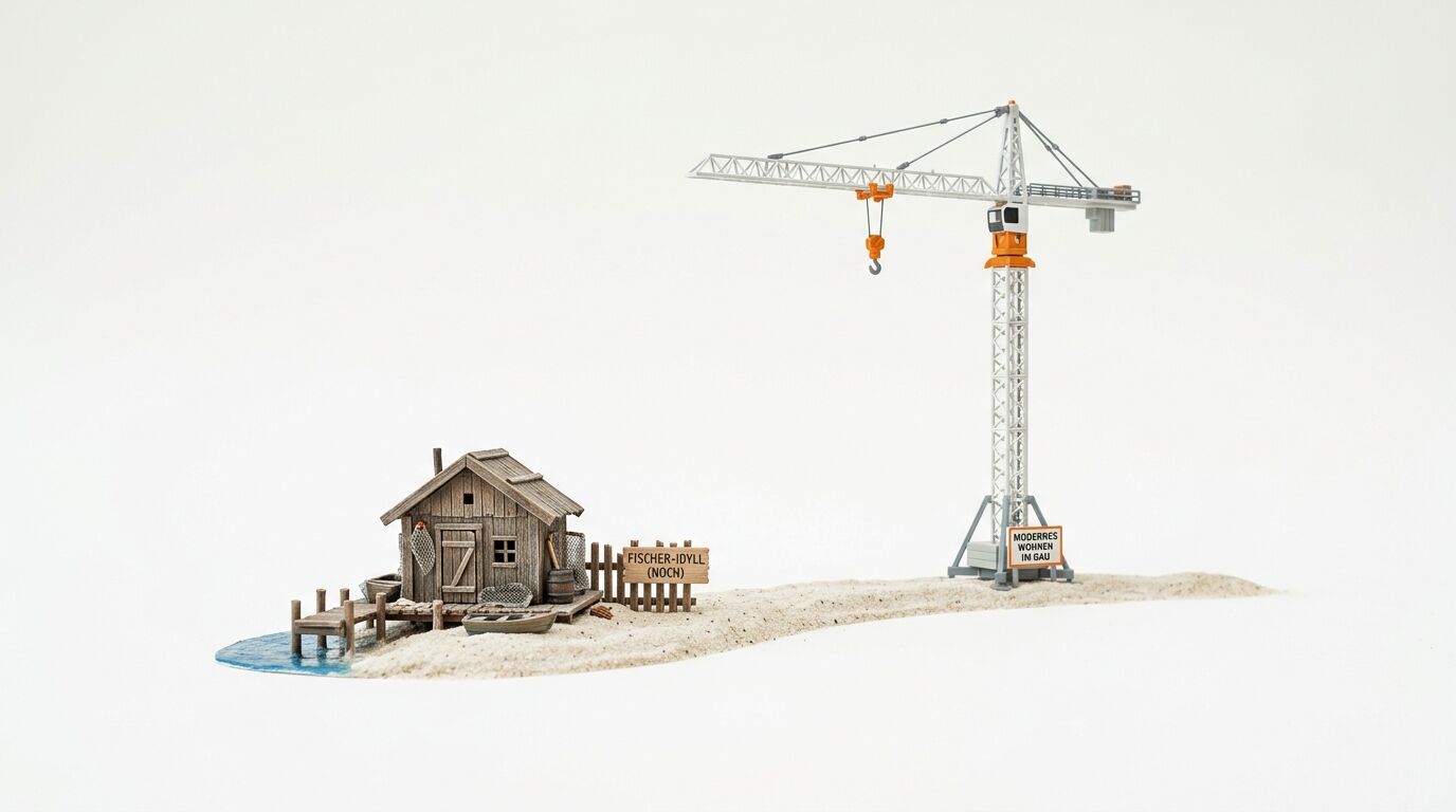 Diorama mit Fischerhütte und Baustellenkran auf Sand vor weißem Hintergrund