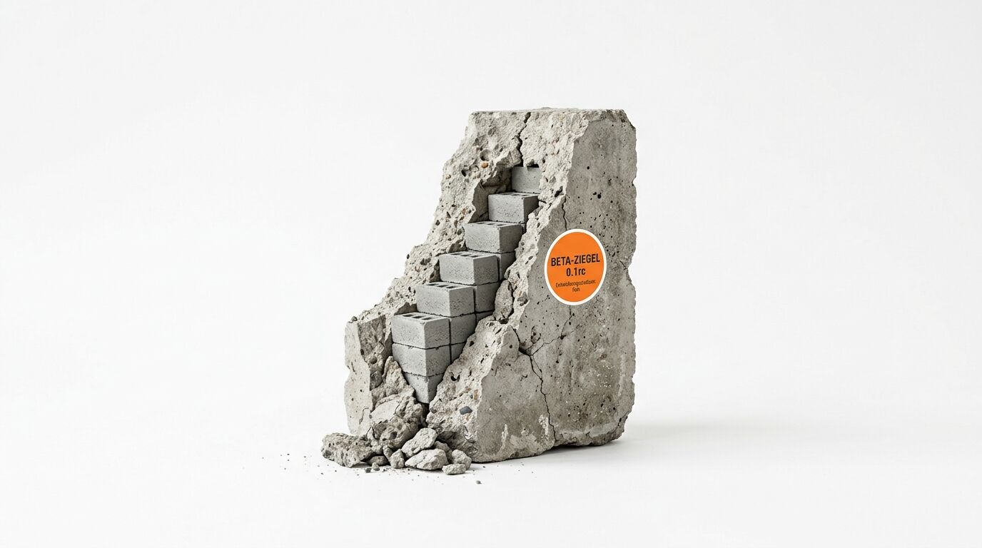 Ein grauer Betonblock mit orangefarbenem Aufkleber zeigt darin aufgestapelte Mini-Ziegel