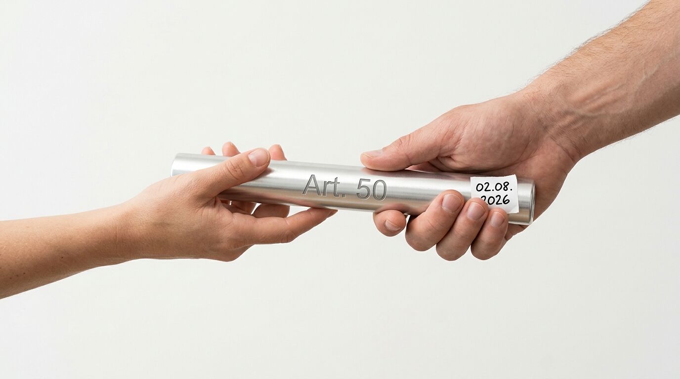 Zwei Hände halten einen Metallstab mit der Aufschrift „Art. 50“ und einem Datum