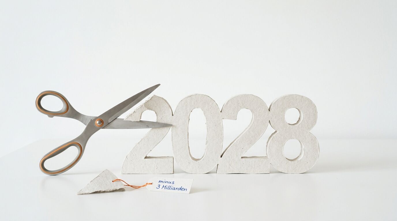Schere zerschneidet weiße „2028“ neben Anhänger „minus 3 Milliarden“