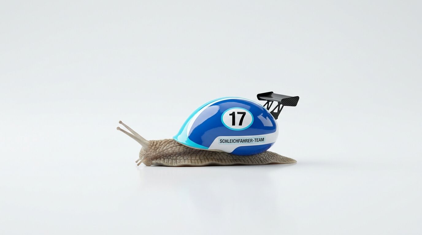 Eine Weinbergschnecke mit einem Rennwagen-Lackierten Haus und einem Heckflügel