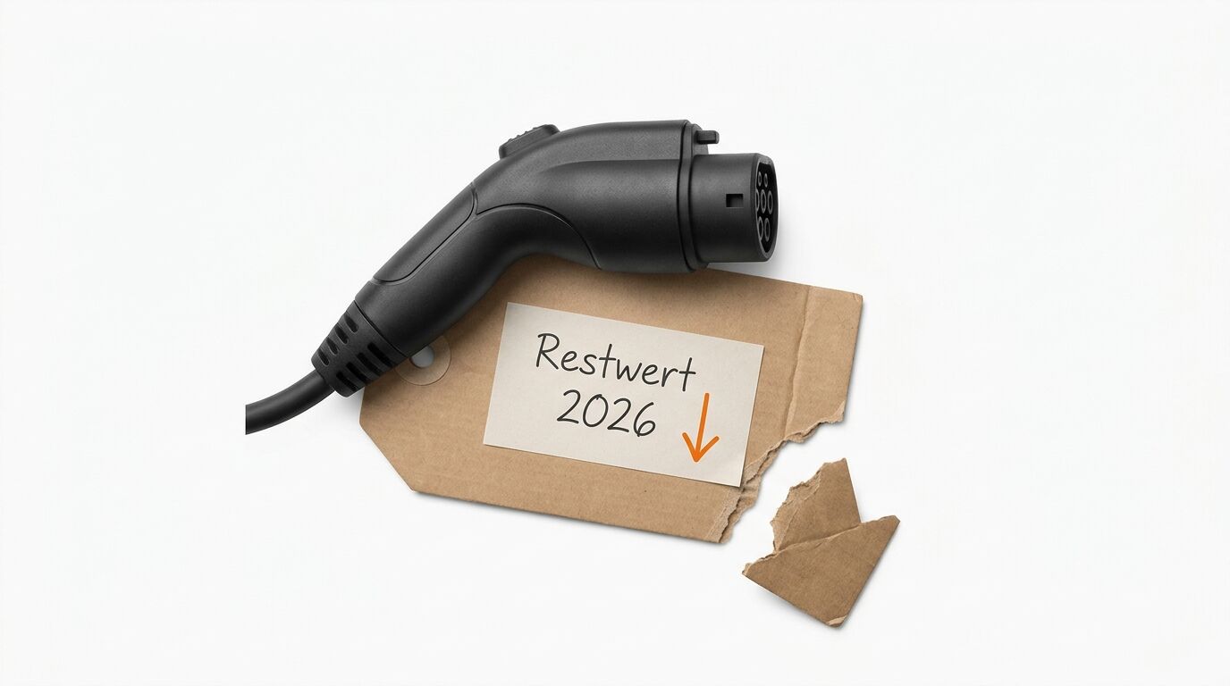 Ein E-Auto-Ladestecker auf einem Anhänger mit der Aufschrift „Restwert 2026“ und Pfeil nach unten