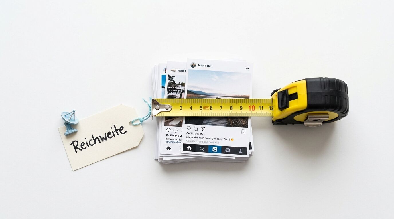Bandmaß misst Social-Media-Fotos, Label „Reichweite“ mit Satellitenschüssel auf Weiß
