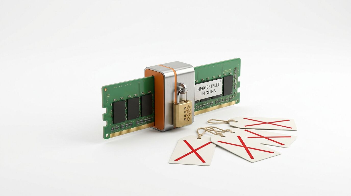 RAM-Stick mit „HERGESTELLT IN CHINA“-Aufkleber, Schloss, Blockierung und Preisschildern mit roten X