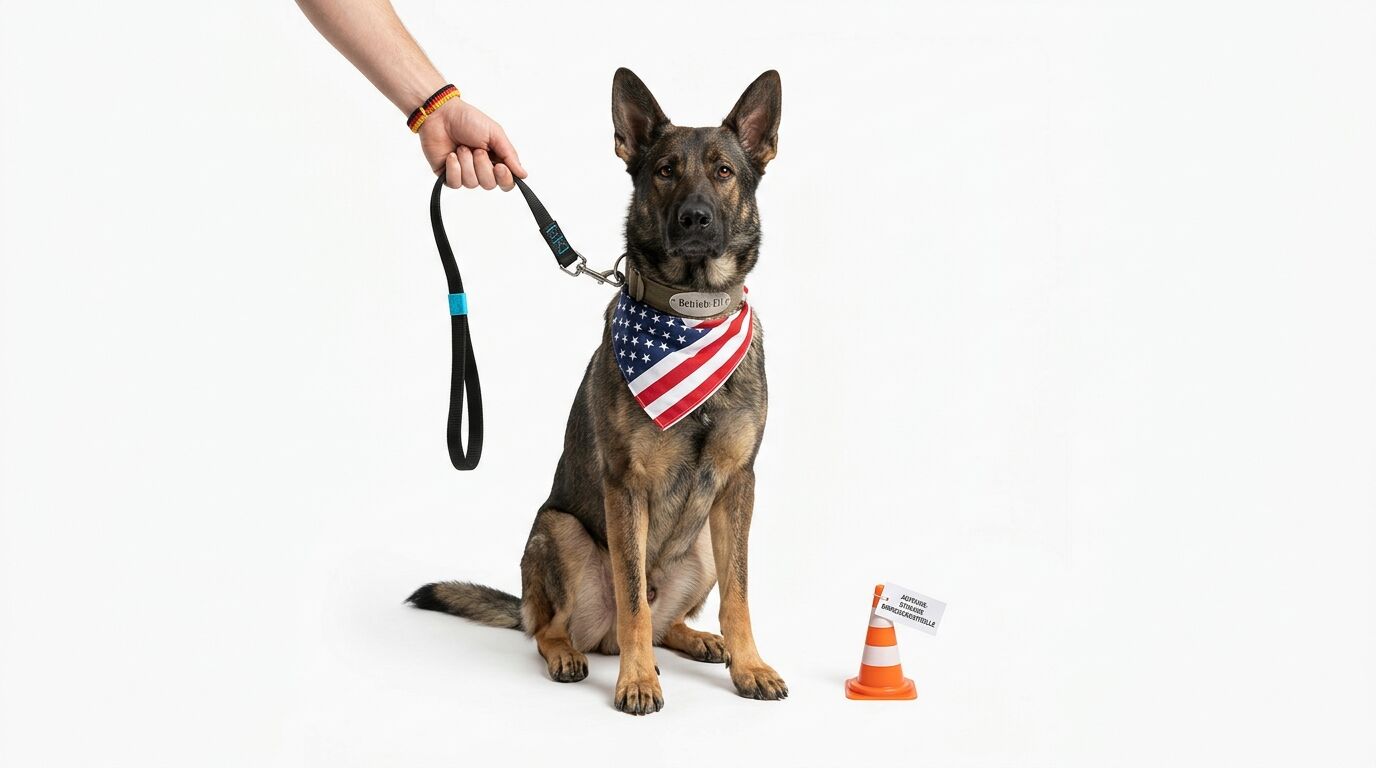 Sitzender Schäferhund mit US-Halstuch an der Leine auf weißem Grund