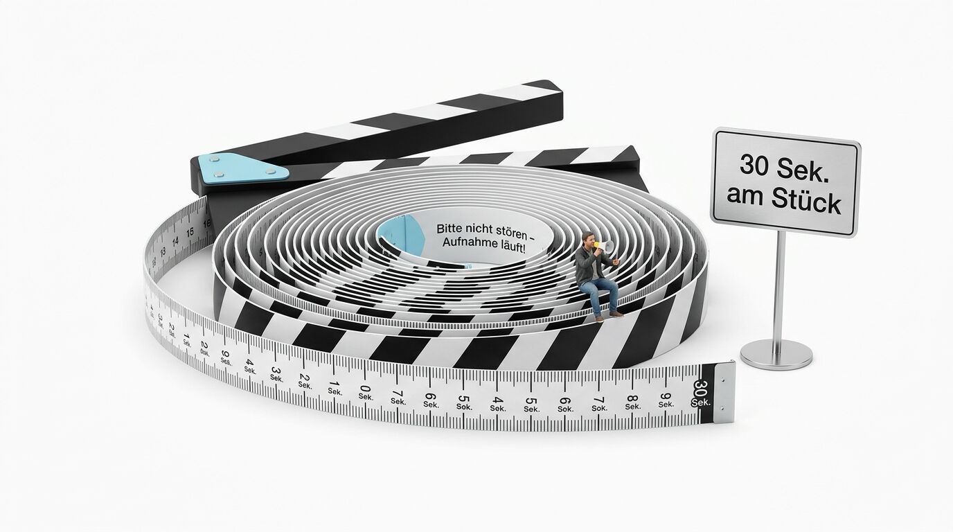 Klape, Maßband, kleine Figur mit Megafon und Schild mit Aufschrift