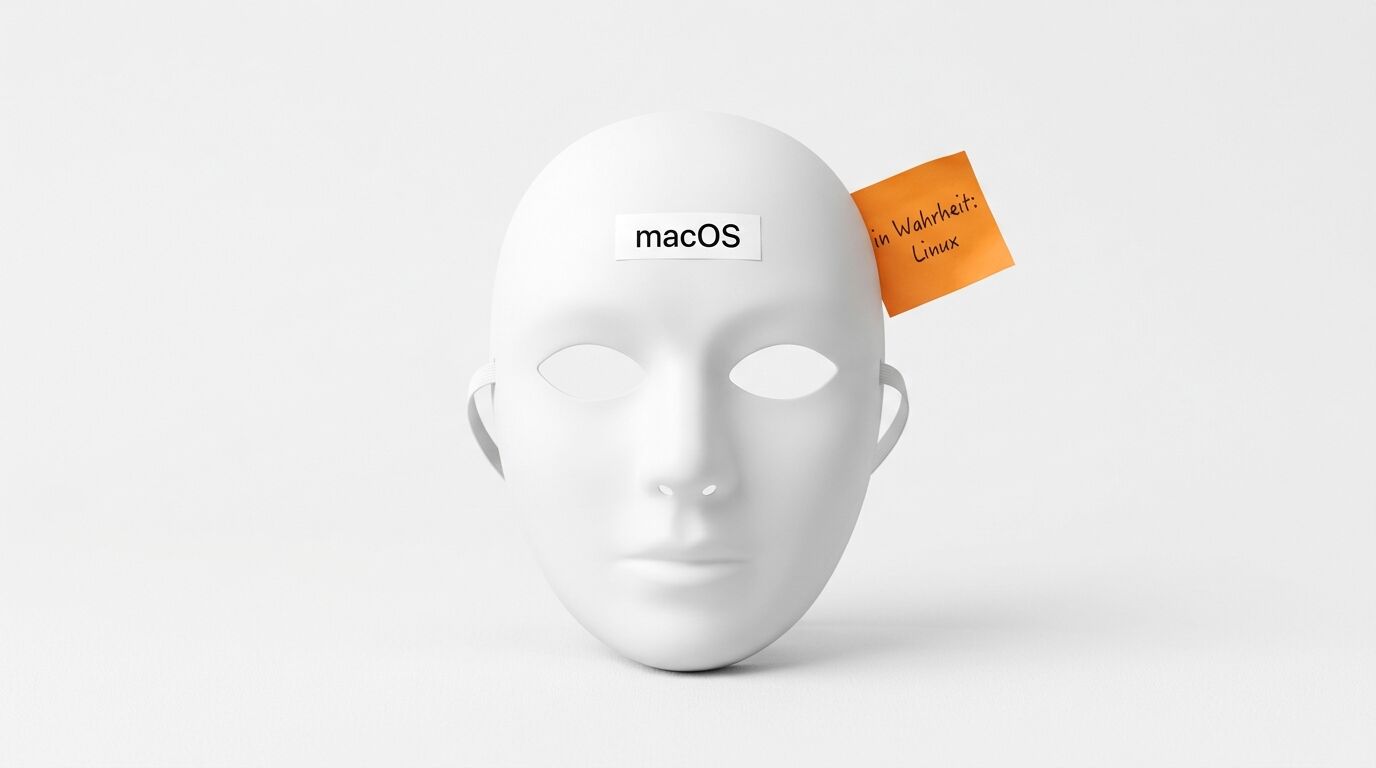 Weiße Maske mit „macOS“-Schild und orangefarbenem Notizzettel „in Wahrheit: Linux“