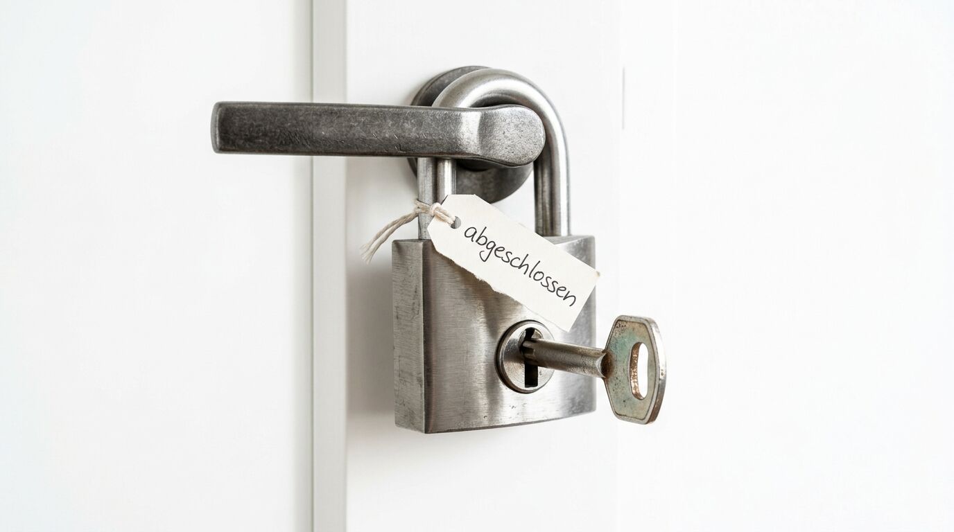 Türgriff mit Vorhängeschloss, Schlüssel und Schild „abgeschlossen“ an weißer Tür