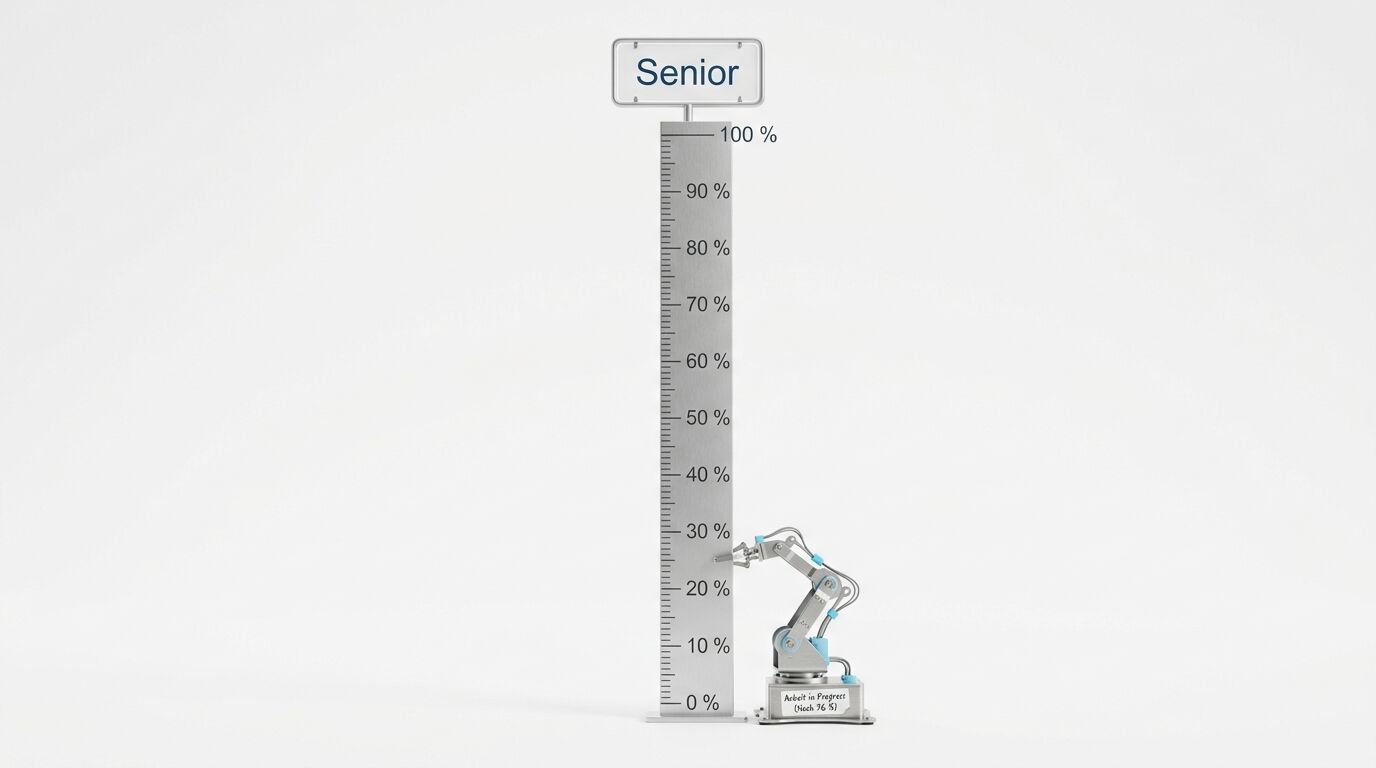 Roboterarm bei 25 % auf Messlatte mit „Senior“-Schild, daneben „Arbeit in Progress“-Notiz