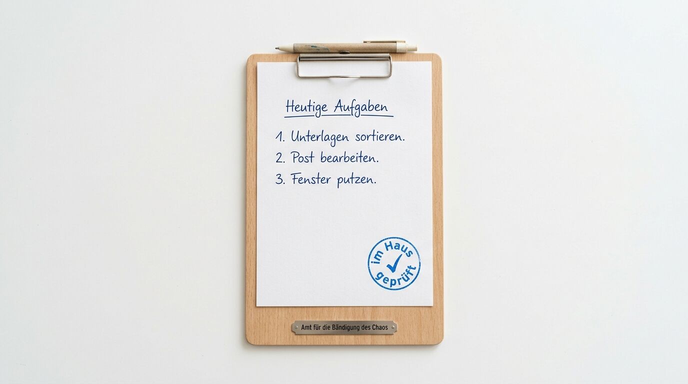 Klemmbrett mit Aufgabenliste, Kugelschreiber, Stempel 