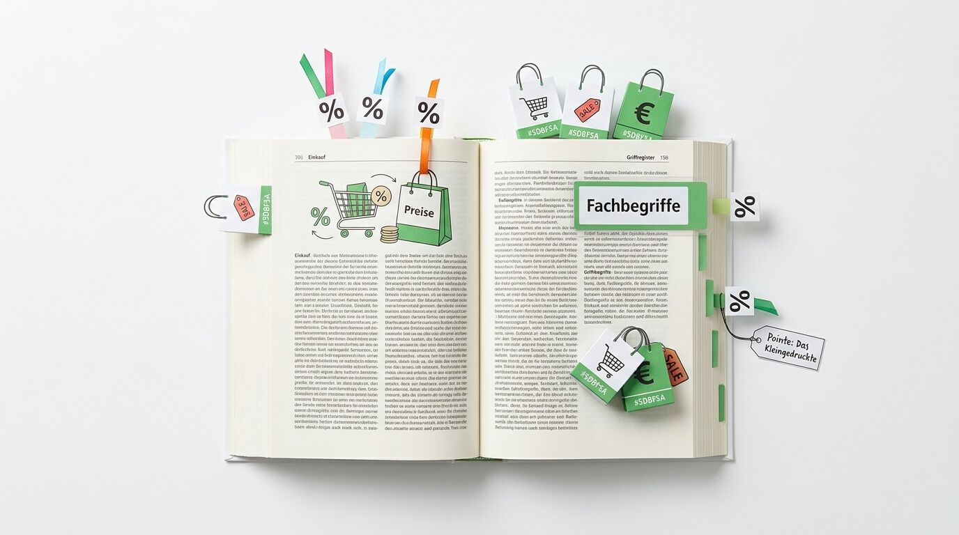 Aufgeschlagenes Buch mit Symbolen und Preisschildern zum Thema Einkaufen und Fachbegriffe